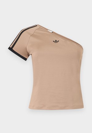 Bež športni top z eno ramo, črnimi črtami na kratkih rokavih in majhnim črnim logotipom Adidas na prsih.
