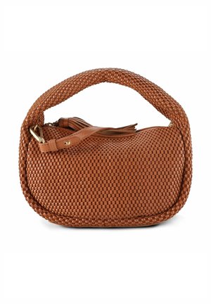 Borsa intrecciata in pelle marrone con forma arrotondata, superficie testurizzata e manico robusto. Presenta un dettaglio a nappina e ferrature dorate.