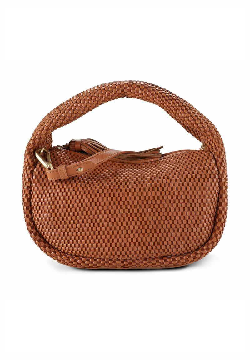 Borsa intrecciata in pelle marrone con forma arrotondata, superficie testurizzata e manico robusto. Presenta un dettaglio a nappina e ferrature dorate.