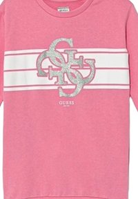 Camicia a maniche lunghe rosa con strisce orizzontali bianche. Presenta un design di logo glitterato al centro e un collo rotondo. Materiale in cotone morbido.