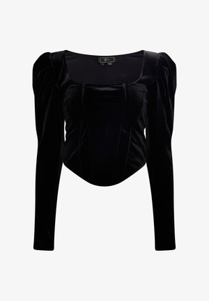Černá sametová blůza s dlouhými rukávy, čtveratým výstřihem, vycpanými rameny a vypasovaným korpusem. Obsahuje svislé švy pro větší strukturu.