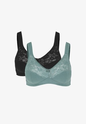 Zwei BHs mit weichen Körbchen und breiten Trägern, einer in Teal und einer in Schwarz, beide mit floralen Spitzenüberzügen und kleinen Schleifen in der Mitte.