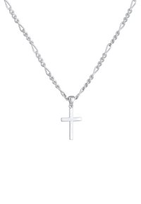 Collana in argento con un design a maglia attorcigliata, caratterizzata da un semplice pendente a croce lucido appeso a un anello.