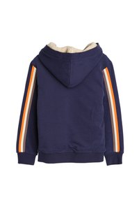 Marineblauw hoodie met een crèmekleurige, pluche voering in de capuchon, voorzien van witte, oranje en bruine zijkanten. Gemaakt van een katoenmix, met ribgebreide manchetten en onderrand.