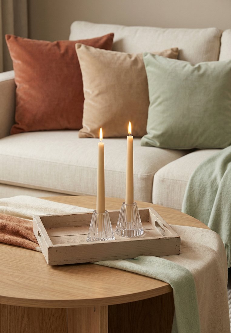 Dwie zapalone beżowe stożkowe świece w przezroczystych świecznikach na drewnianej tacy na okrągłym stole, w tle beżowa sofa i wielokolorowe poduszki.