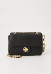 Black leather handbag with a textured finish, gold-tone chain strap, round clasp, and a small charm with a pearl detail.