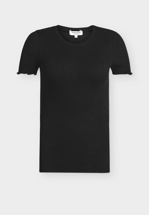 Camiseta negra de algodón con mangas cortas y detalle acanalado, cuello redondo y pequeños volantitos en los bordes de las mangas, talla pequeña, marca Rosemunde.