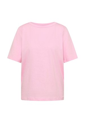 T-shirt en coton rose clair à manches courtes, avec un col rond et une coupe décontractée, présenté sur un fond blanc.