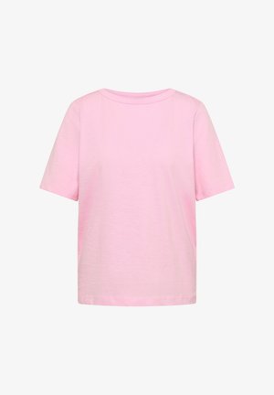 Lyserød kortærmet bomulds-T-shirt med rund halsudskæring og løs pasform, vist på en hvid baggrund.