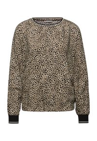 Blusa beige a maniche lunghe con motivo a macchie nere irregolari, polsini neri e scollatura rotonda con bordo bianco e nero.