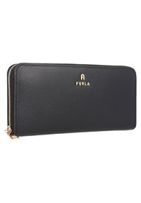 Black leather wallet with a textured finish, zip closure, gold-tone logo, and metal hardware accent. Rectangular shape.