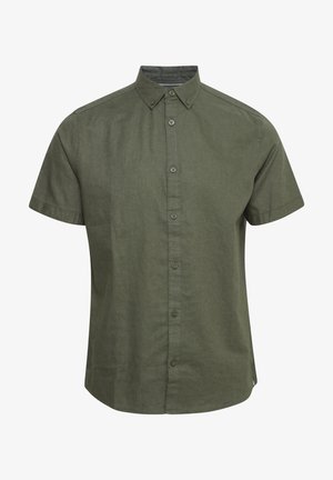 Chemise à manches courtes en vert olive, fabriquée en tissu léger. Dotée d'un col boutonné et d'une fermeture à boutons à l'avant avec des boutons assortis.