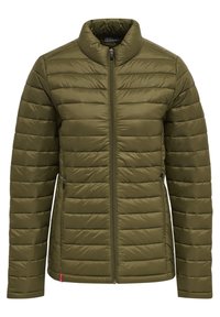 Veste rembourrée vert olive avec col montant, fermeture éclair frontale et coutures horizontales. Comprend deux poches latérales avec fermetures éclair.