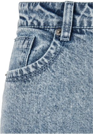 Light blue denim jeans featuring a high waist, a front pocket, visible stitching, and a metal button closure at the waist.