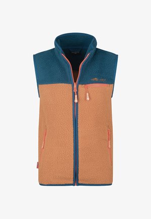 Gilet in pile senza maniche con parte superiore blu, sezione inferiore color sabbia, cerniere corallo frontali e tasche, e "TROLL KIDS" ricamato sul petto.