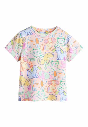 Short-sleeve t-shirt in soft, pastel fabric featuring a playful pattern of various animals in blue, green, yellow, and pink outlines.