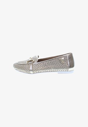 Metallic bronze woven loafers with a round toe, flat white sole, decorative gold hardware on the front, and subtle branding detail on the side.