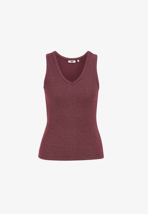 Ujjatlan bordázott kötött atléta mély bordó színben, V-nyakkivágással és testhezálló sziluettel.