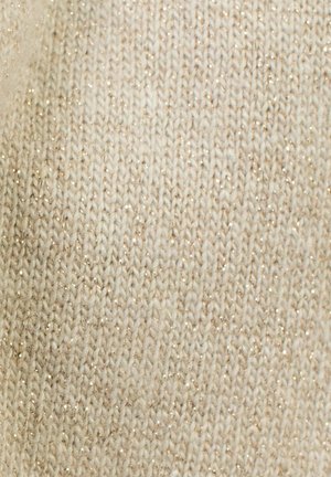 Hellbeige gestrickter Stoff mit einem subtilen metallischen Schimmer. Die Textur ist weich mit einem einheitlichen, eng gewebten Muster.