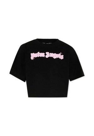 T-shirt nera corta a maniche corte con scritta rosa in stile gotico "palm angels" sul petto e piccoli accenti a forma di stella.