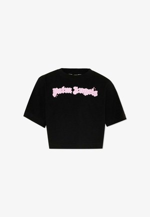 T-shirt nera corta a maniche corte con scritta rosa in stile gotico "palm angels" sul petto e piccoli accenti a forma di stella.