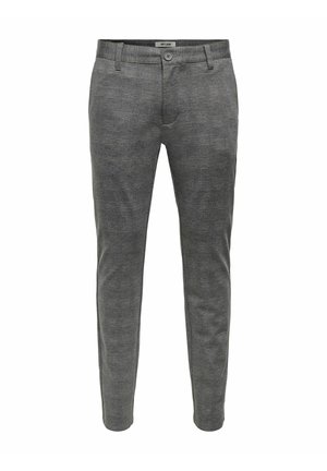 Meeste hallid kitsad ülikonnapüksid, millel on nööpidega sulgur, vööaasad ja esimesed taskud, valge tausta ees.