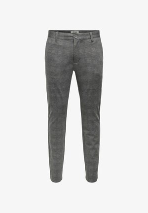 Meeste hallid kitsad ülikonnapüksid, millel on nööpidega sulgur, vööaasad ja esimesed taskud, valge tausta ees.