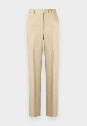 Beige, hoch taillierte, maßgeschneiderte Hose mit Gürtelschlaufen, Bügelfalte vorne und verdecktem Verschluss, vor einfarbigem Hintergrund präsentiert.