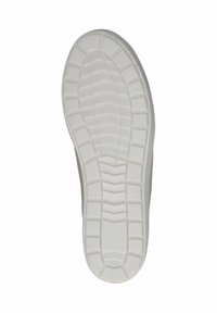 Bílá gumová podrážka boty s texturovaným vzorem běhounu, který obsahuje rýhy a vyvýšené části pro lepší přilnavost, zaoblený podpatek a hladké okraje.