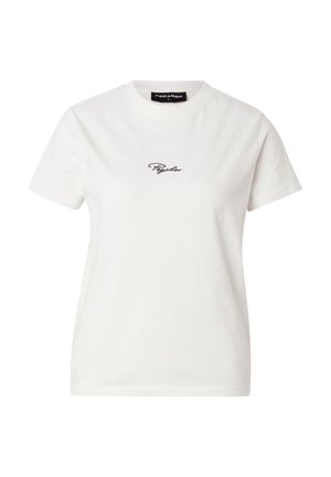 Wit T-shirt met korte mouwen en ronde hals, met het "Pegador"-logo geborduurd in zwarte letters, gecentreerd op de borst.