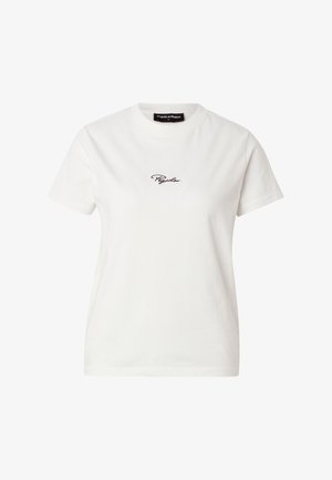 Wit T-shirt met korte mouwen en ronde hals, met het "Pegador"-logo geborduurd in zwarte letters, gecentreerd op de borst.