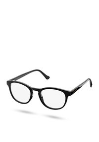 Black rectangular eyeglasses with clear lenses. Thick frames made of a glossy material, featuring subtle branding on the temples.
