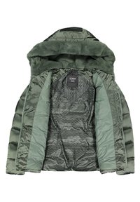 Giacca imbottita di colore verde scuro con cappuccio foderato in pelliccia sintetica. Presenta un interno con motivo e chiusure con zip.
