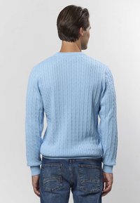 Lys blå kabelstrikket genser med ribbestrikket krage og mansjetter, med et teksturert mønster. Brukt med mørk denimjeans, vist bakfra.