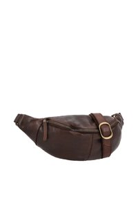 Brun læder bæltetaske med en lynlås hovedrum, buet form, justerbar rem og en guldtonet spænde som accent.