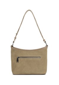 Borsa a spalla in suede beige con una forma curvata e una tasca con zip sul fronte. Presenta una parte superiore liscia e una tracolla stretta e regolabile.