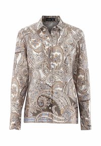 Camicia a maniche lunghe di colore bianco con un motivo paisley marrone e blu. Presenta un colletto e una chiusura frontale con bottoni. Texture liscia.