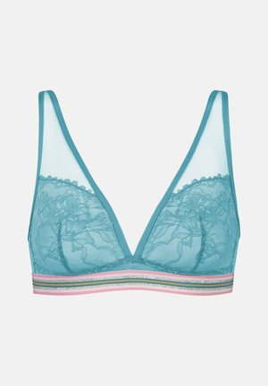Hellblauer Spitzen-Bralette mit transparenten Mesh-Oberkörbchen und einem elastischen Bund unter der Brust in Pink, Grün und Silber gestreift.
