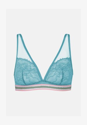 Hellblauer Spitzen-Bralette mit transparenten Mesh-Oberkörbchen und einem elastischen Bund unter der Brust in Pink, Grün und Silber gestreift.