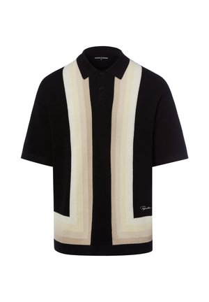Black short-sleeve polo shirt with beige and cream vertical striped knit pattern and two-button placket.