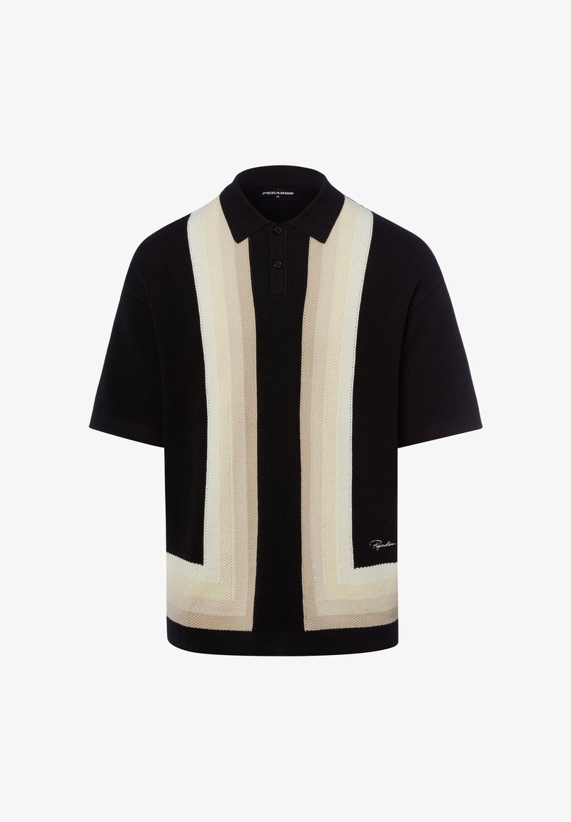 Black short-sleeve polo shirt with beige and cream vertical striped knit pattern and two-button placket.