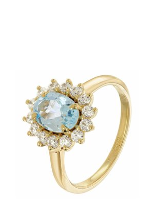 Gold ring with an oval light blue gemstone in the center, surrounded by a halo of small clear round diamonds.