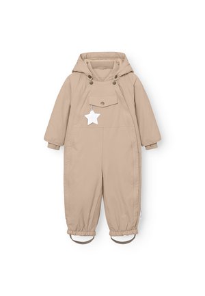 Beige Kinder-Overall mit Kapuze, mit einer Vordertasche, Druckknöpfen und einem sternförmigen Etikett; mit elastischen Bündchen und Fußriemen.