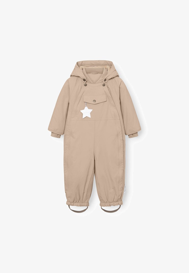 Beige barn overall med hette, med en lomme foran, trykknapper og et stjernesymbol; inkludert elastiske ermer og fotstropper.