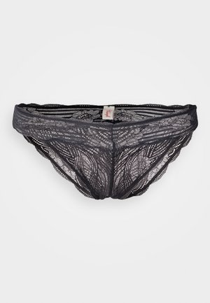 Lace hipster panties in black, featuring intricate floral patterns, scalloped edges, and a soft waistband with a small brand tag.