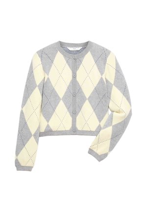 Grå og creme argyle strikket cardigan med lange ærmer og knapper foran, kort pasform og ribkant ved hals og ærmekanter.