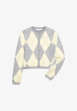 Gray and cream argyle knit cardigan with long sleeves and front buttons, cropped fit, and ribbed neckline and cuffs.
