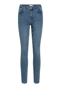 Skinny jeans in medium blue denim, met een hoge taille, klassiek vijf-pocket ontwerp, subtiele vervaging, en een koperen knop voor sluiting.