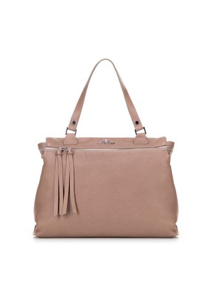 Borsa tote in pelle di un morbido beige, con un design elegante, manici corti, chiusura con zip e due nappine decorative sul davanti.