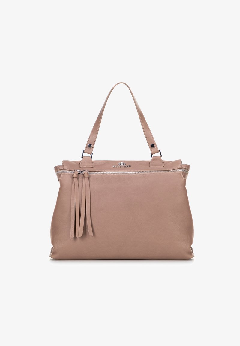 Leder-Tote-Bag in sanftem Beige, mit schlankem Design, kurzen Griffen, einem Reißverschluss und zwei dekorativen Quasten auf der Vorderseite.